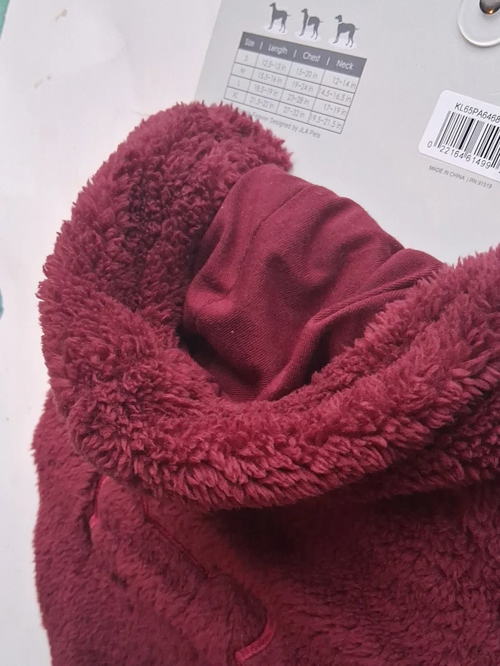 Faux Plush Fur Dog Coat, With Hood, Maroon , Size Large